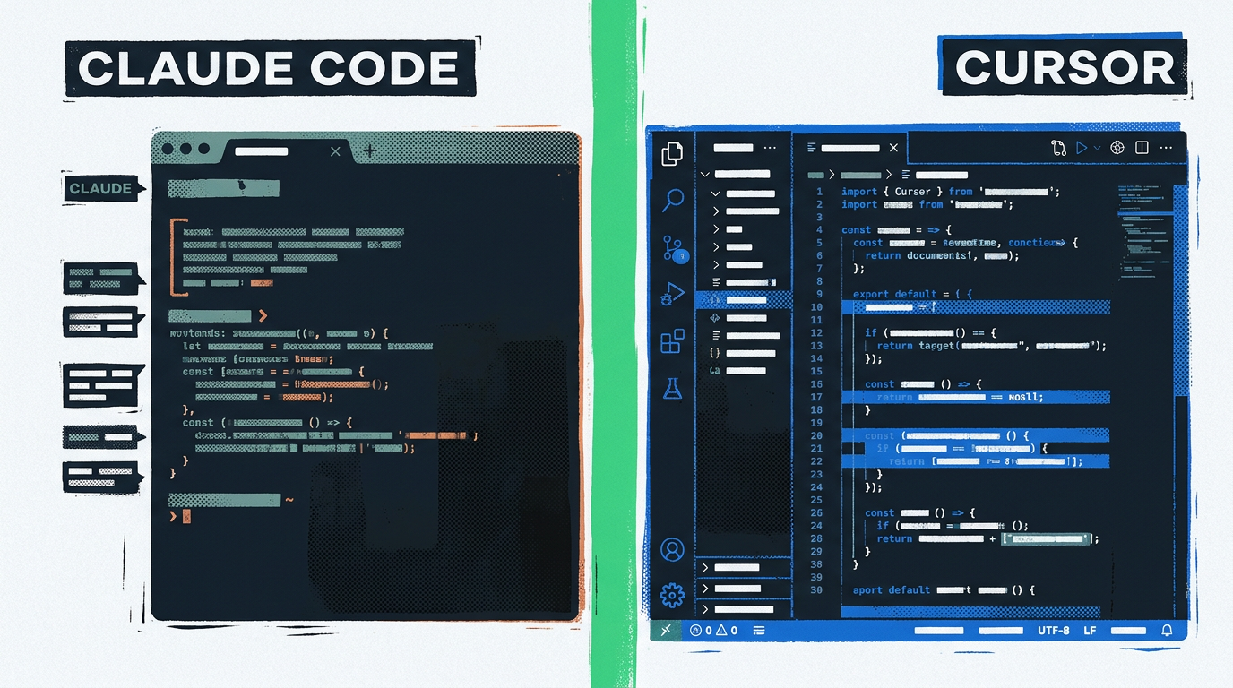 Split-screen illustration comparing Claude Code terminal CLI and Cursor IDE editor interfaces