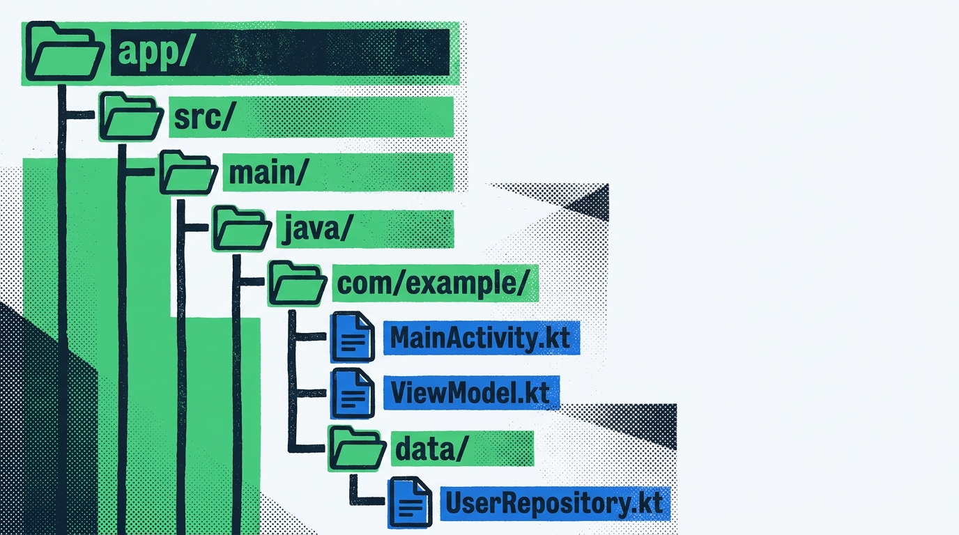 Kotlin project structure diagram with UI, data, model, and util modules around an Android device