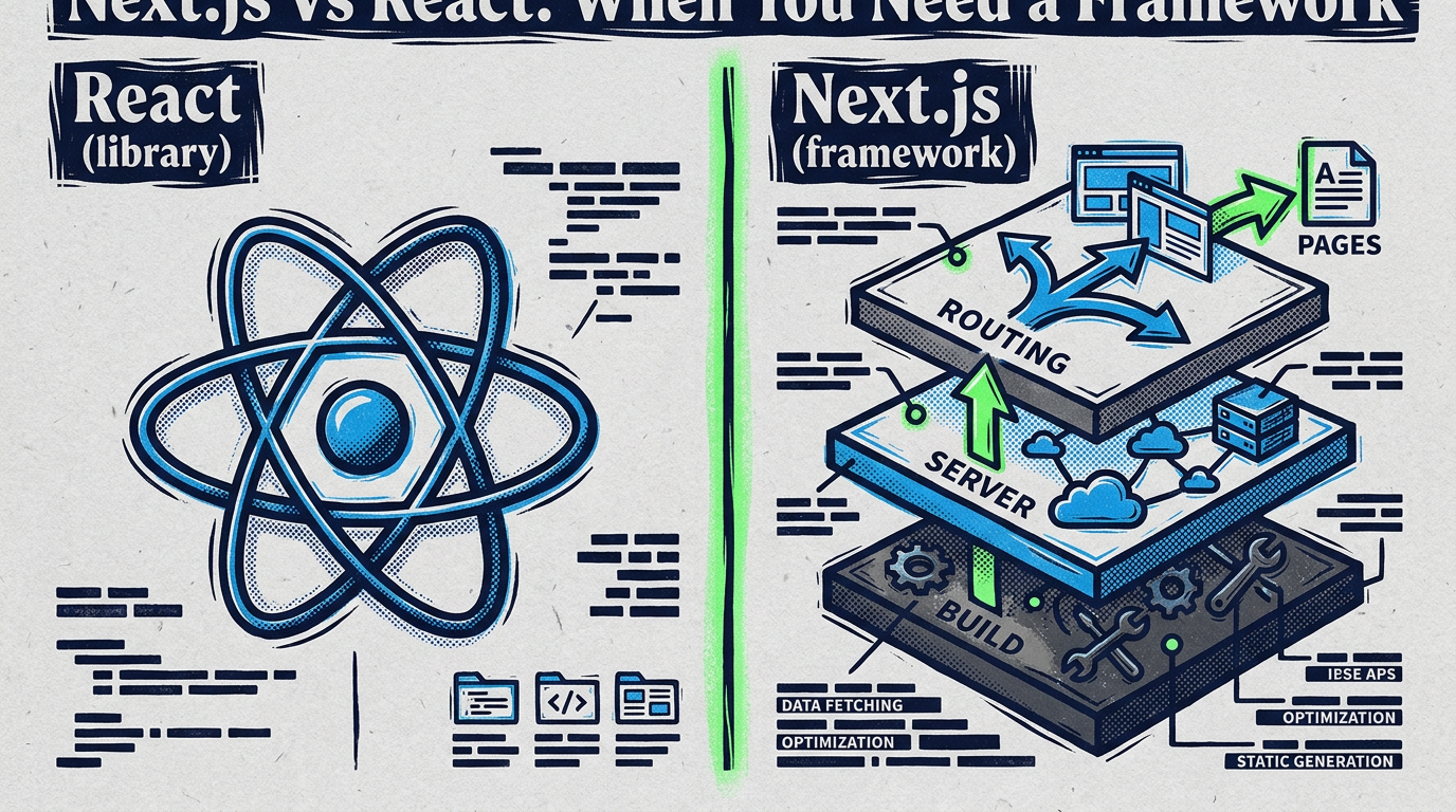 Split-screen illustration comparing React as a library and Next.js as a layered framework stack