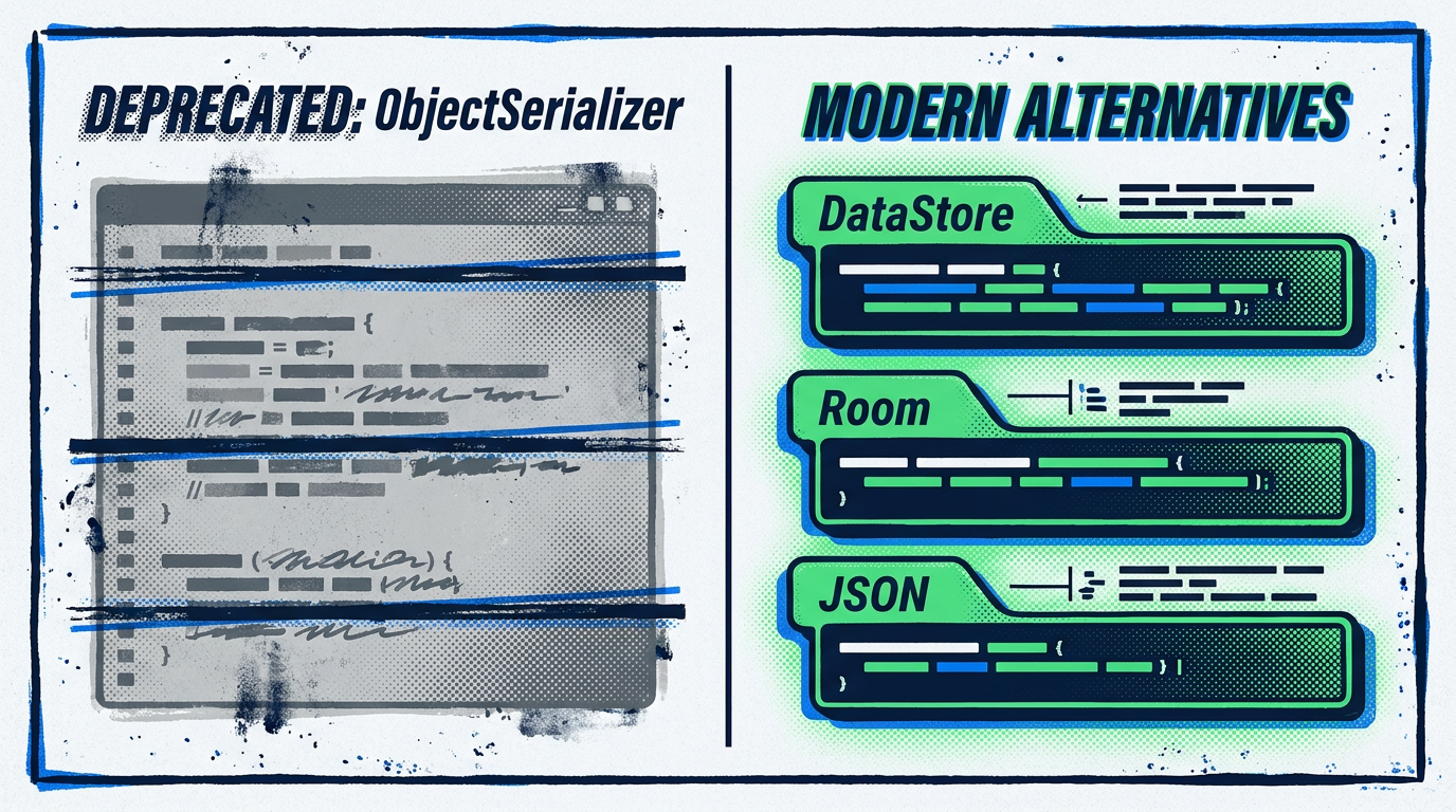 Legacy ObjectSerializer migration diagram with serialized data moving toward modern Android storage